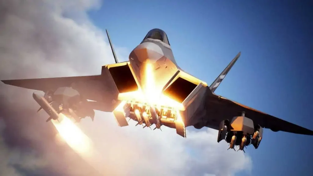 A screenshot of a fighter jet from Ace Combat 8 flying over a cloudy sky with missiles ready to fire.