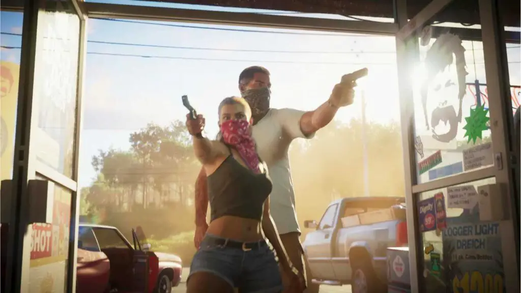 one male and female with weapon from gta game