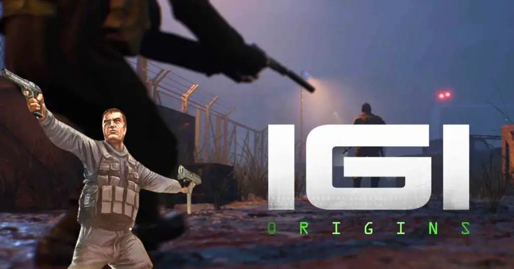 A promotional image for the video game IGI Origins, featuring a character with their face obscured, holding weapons