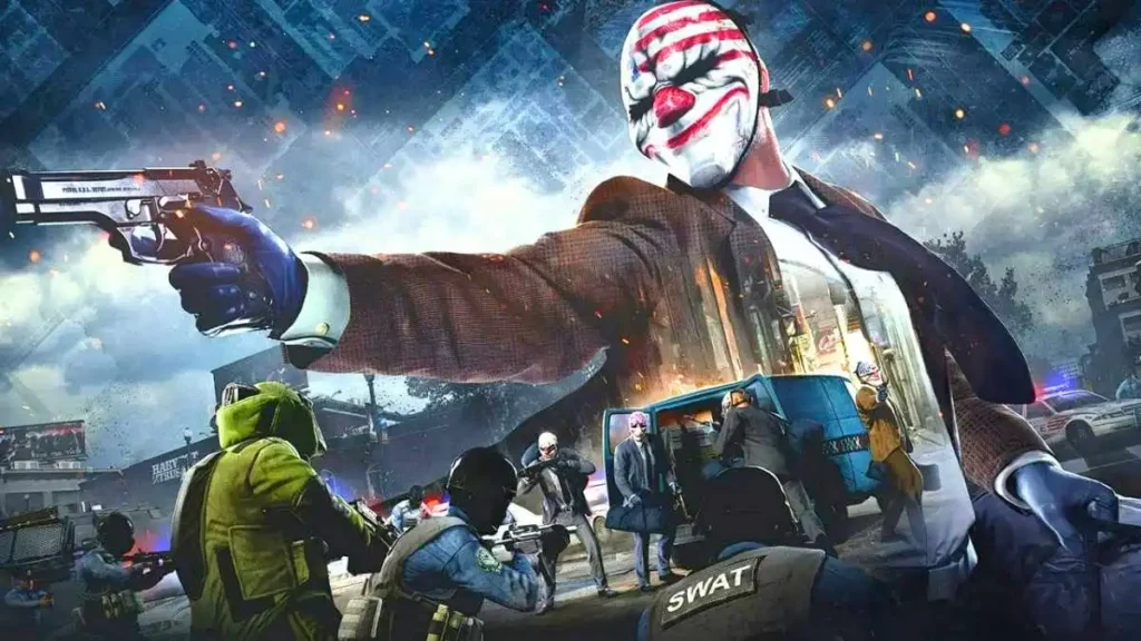 A scene from the video game Payday, showing a masked character with a gun and other characters in a chaotic situation