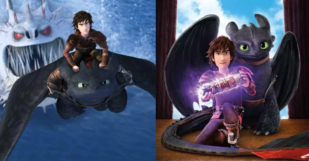 A split image showing two scenes from How to Train Your Dragon, where a character rides a dragon in the air and stands next to it on the ground, holding a glowing object