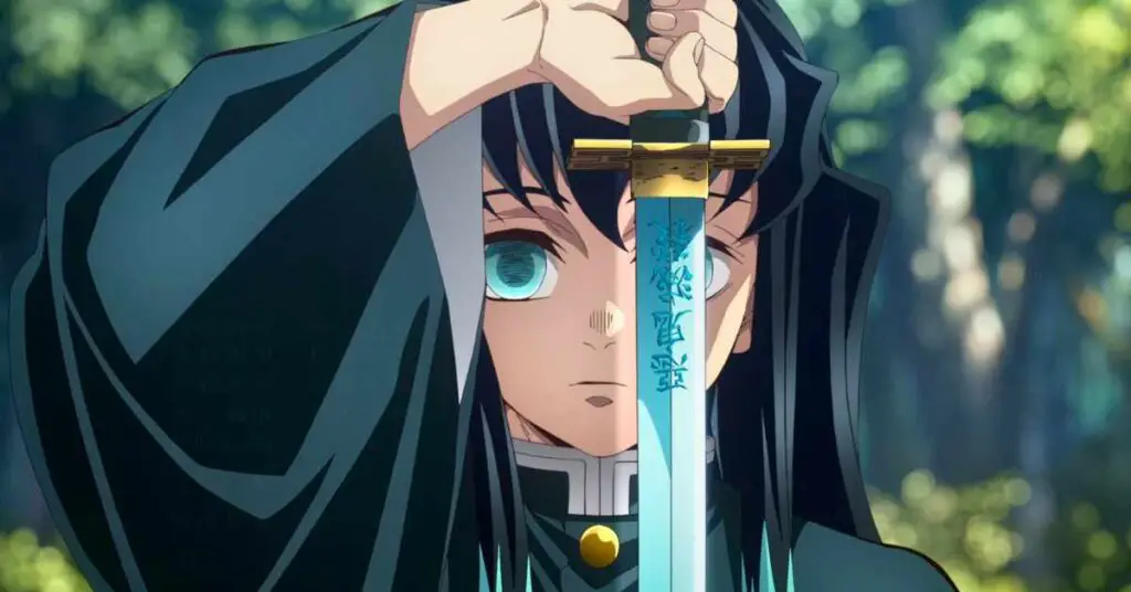 A character resembling Tanjiro Kamado from Demon Slayer is drawing a sword with a black and gold blade, while looking determined and fierce