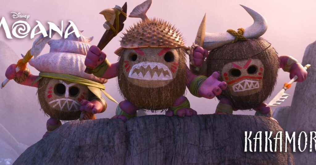 animated Kakamora characters from Disney’s Moana standing on a rock