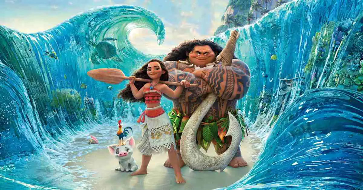 Two animated characters with their faces obscured, accompanied by a small pig and a rooster, are surrounded by large ocean waves