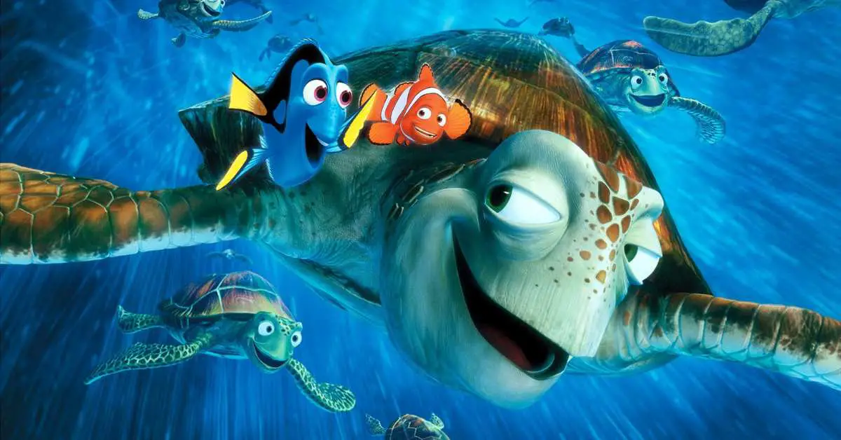 A colorful underwater scene featuring animated characters from the movie “Finding Dory,”