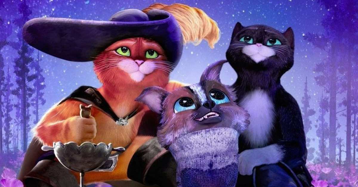 The image shows three cartoon cats in a fantasy forest setting