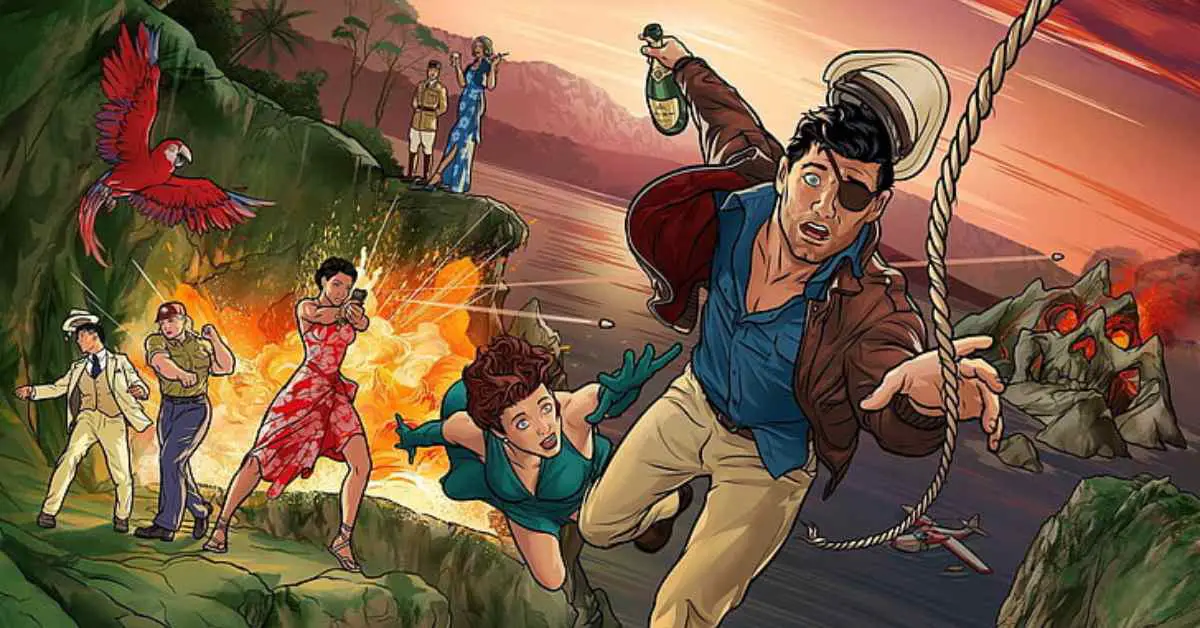 An illustration of adventurous people in a wild and colorful setting from Archer