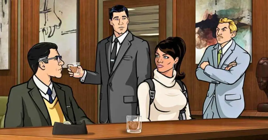 A scene from the animated series “Archer” where four characters are in a room, with their faces obscured, engaging in a discussion