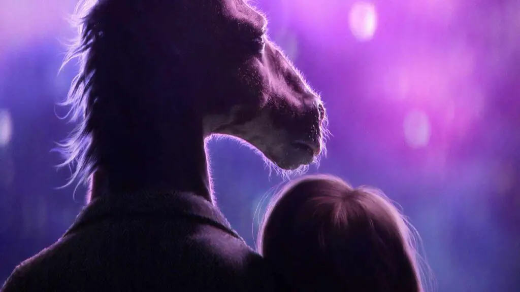 A silhouette of Bojack Horseman and another character against a vibrant purple