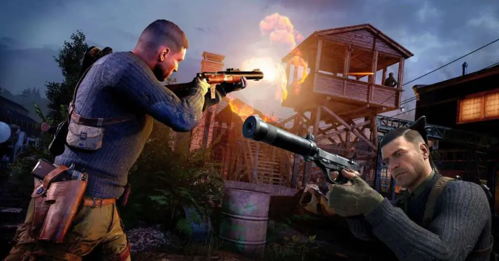 Two individuals aiming firearms, with their faces obscured, in a dramatic outdoor setting with an explosion in the background from sniper elite series