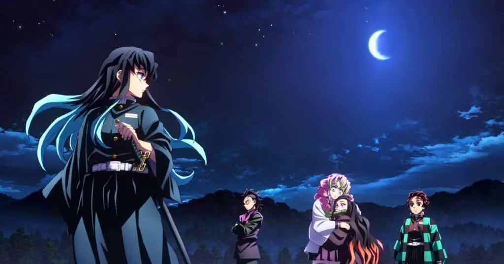 Characters from Demon Slayer standing under a night sky with a crescent moon