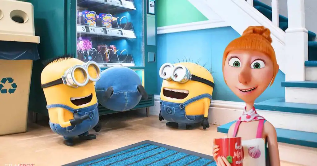 Two Minions in blue overalls and goggles look excitedly at a person with red hair and a bucket with Their New Boss