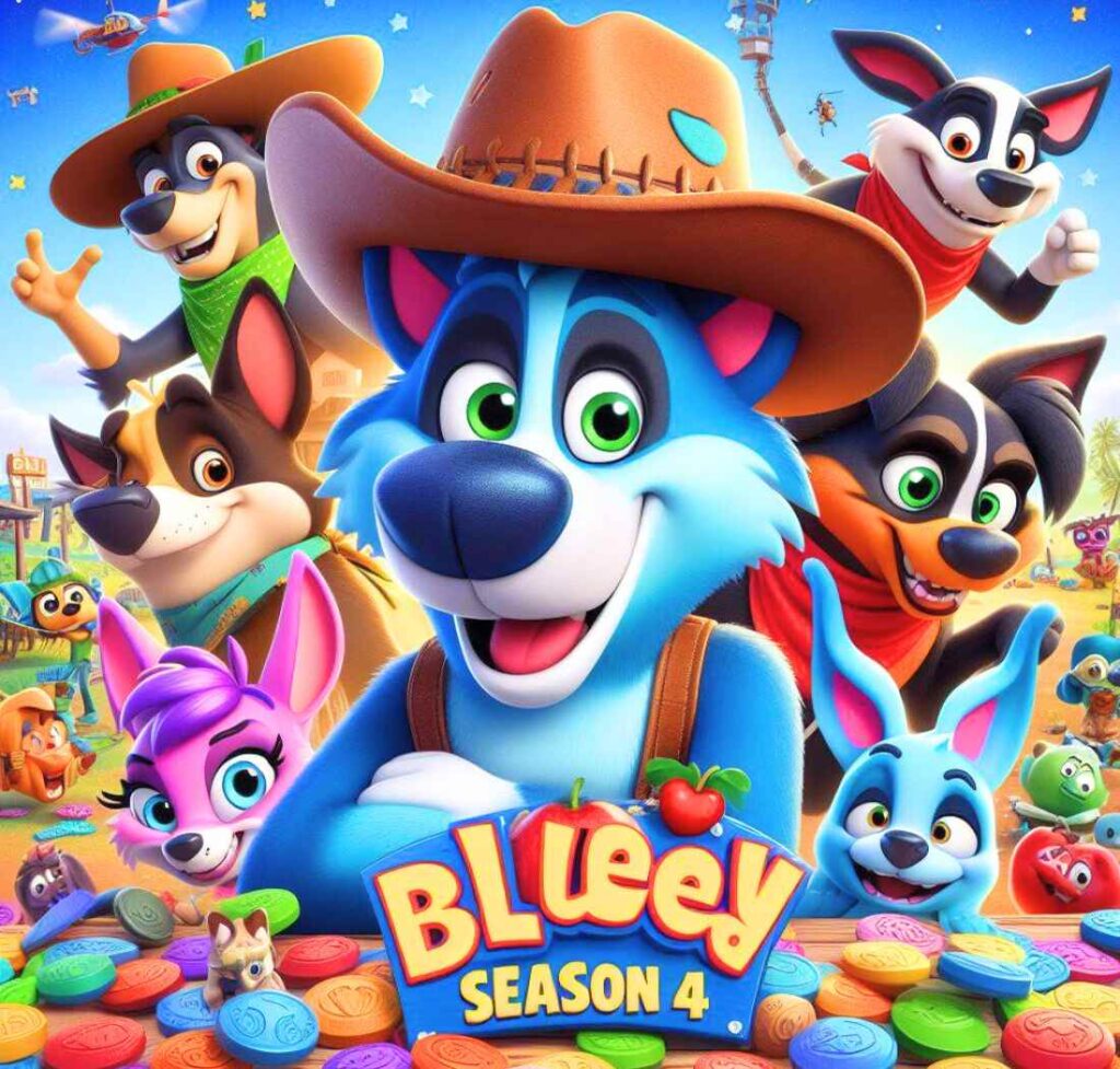 A colorful promotional image for Bluey Season 4 featuring animated dogs