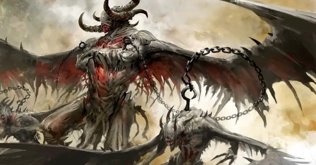 A menacing creature with horns, wings, and chains against a cloudy backdrop