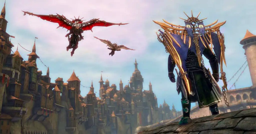 A character adorned in golden armor stands on a stone surface, observing two flying creatures with expansive wings soaring above a medieval-style city in the world of Guild Wars 3