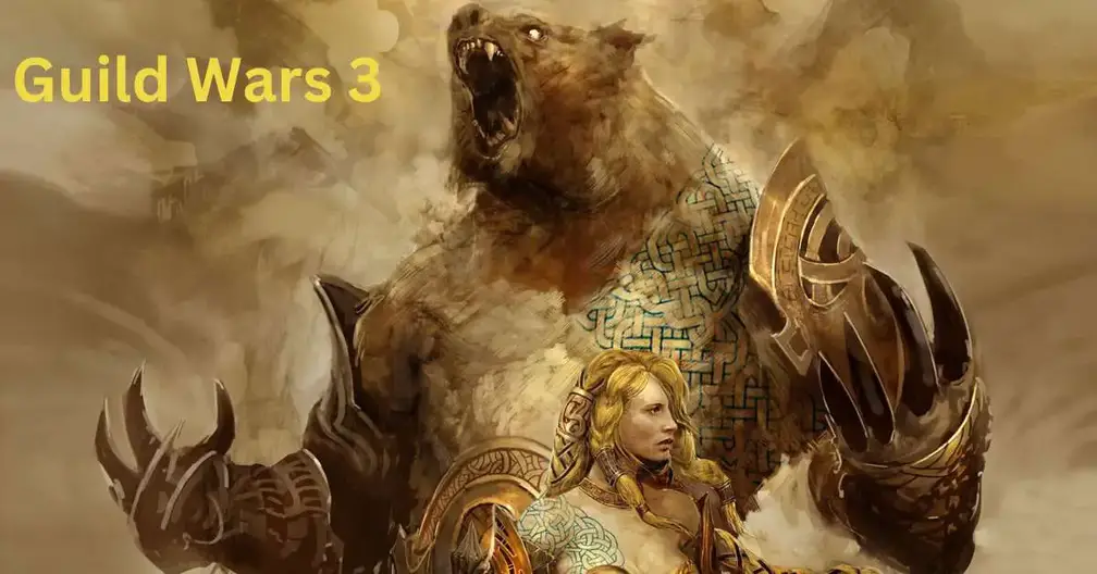 An artwork for Guild Wars 3 featuring a warrior in detailed armor standing beside a roaring bear with intricate designs on its fur