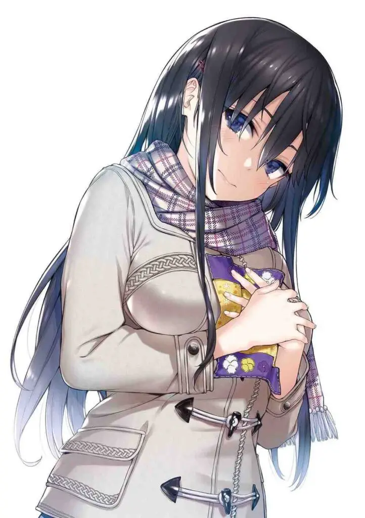 A contemplative character with long dark hair, wearing a grey jacket and holding a patterned cloth close to her chest